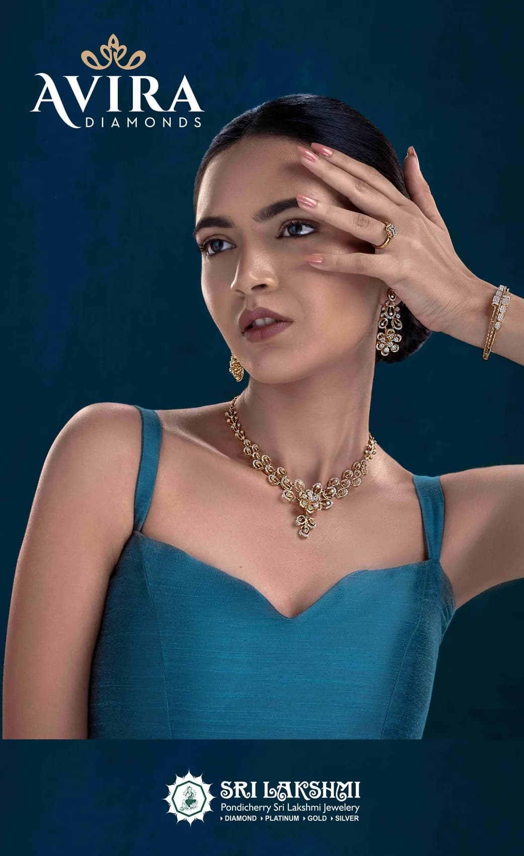 AVIRA Diamonds brand campaign model portrait with gold necklace