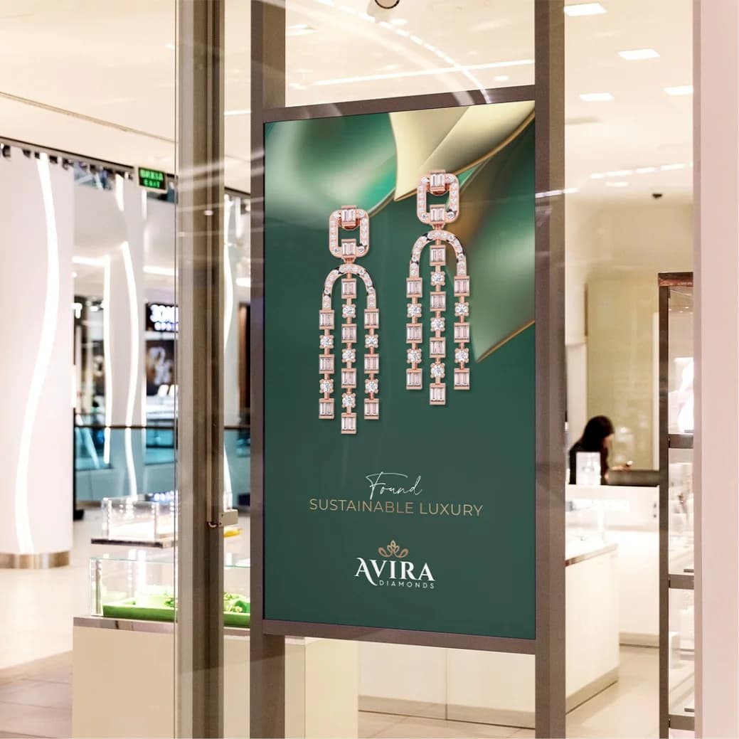 AVIRA Diamonds "Found Sustainable Luxury" retail outdoor display mockup