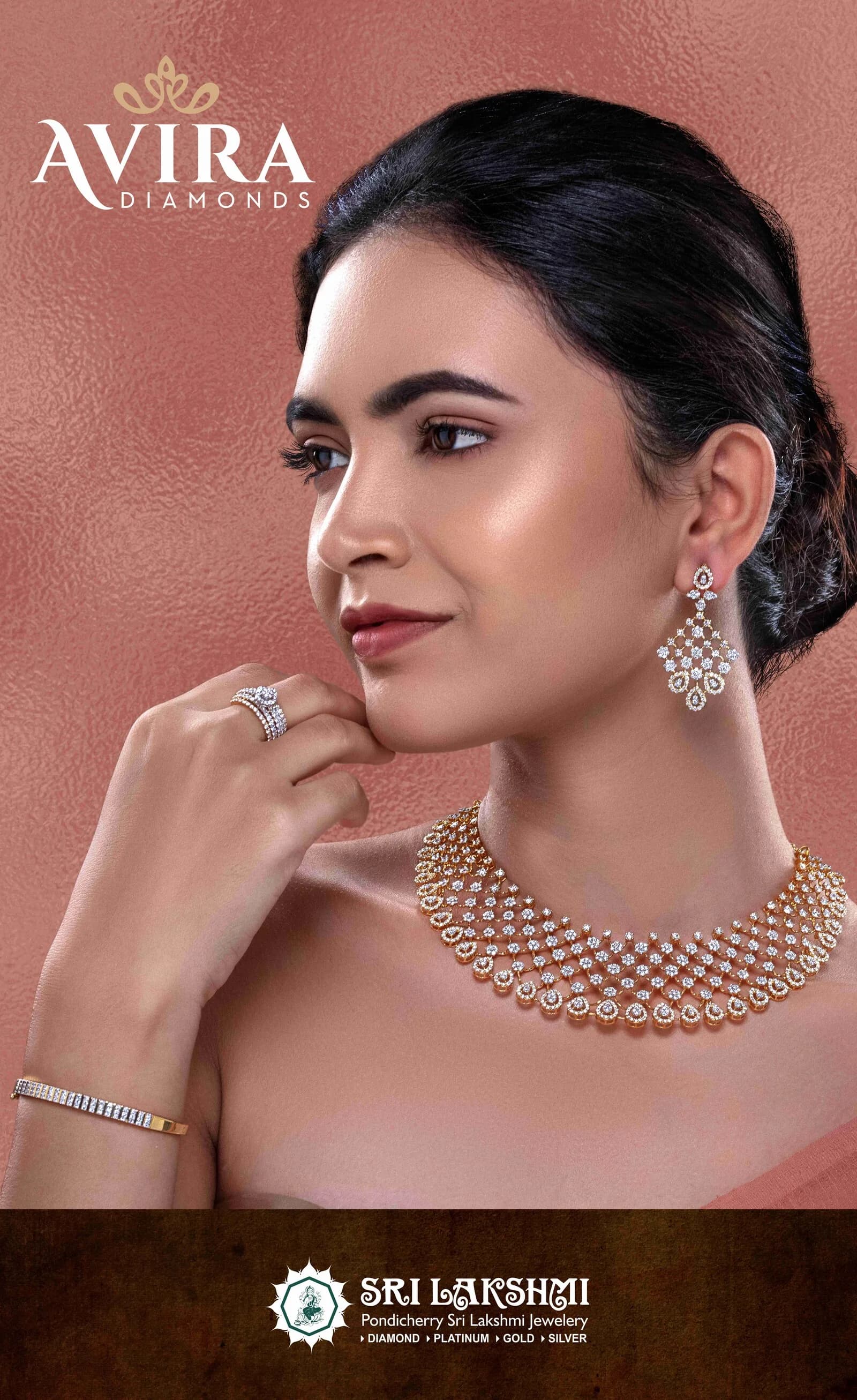 AVIRA Diamonds bridal campaign model portrait with diamond necklace and chandelier earrings
