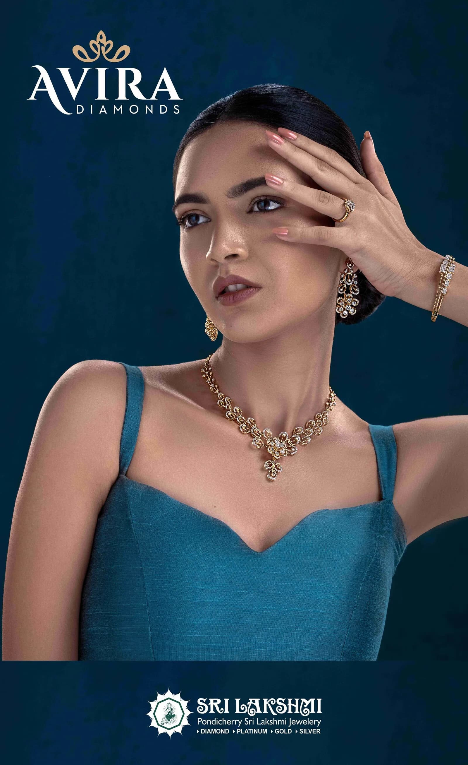 AVIRA Diamonds editorial campaign model portrait with diamond necklace and bracelet