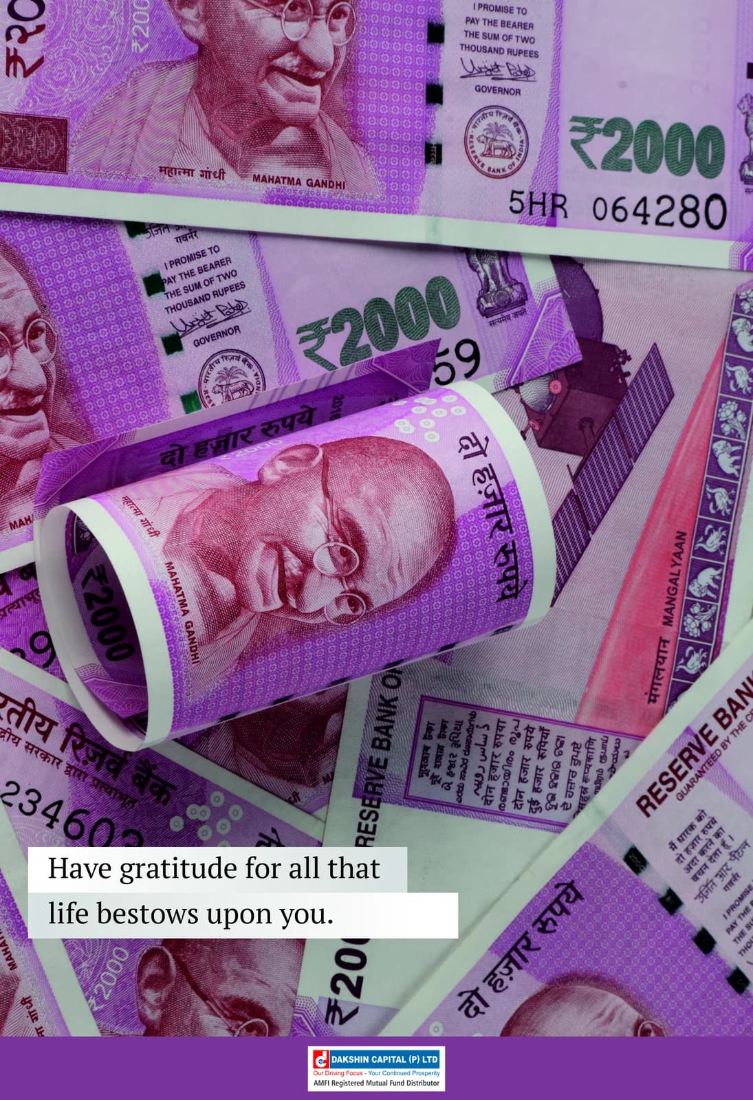 "Have gratitude for all that life bestows upon you" motivational poster for Dakshin Capital
