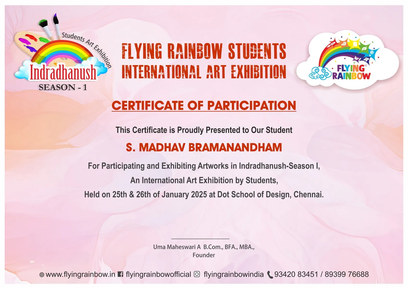Flying Rainbow Indradhanush International Art Exhibition certificate of participation