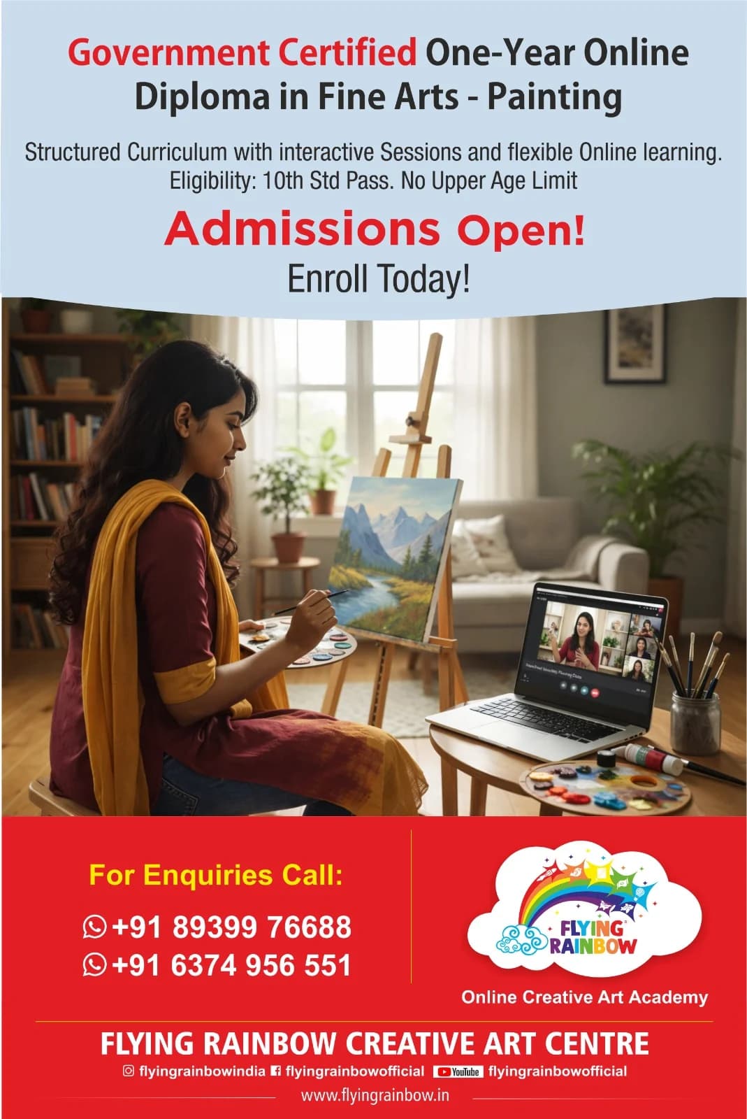 Government-certified one-year online Diploma in Fine Arts campaign poster