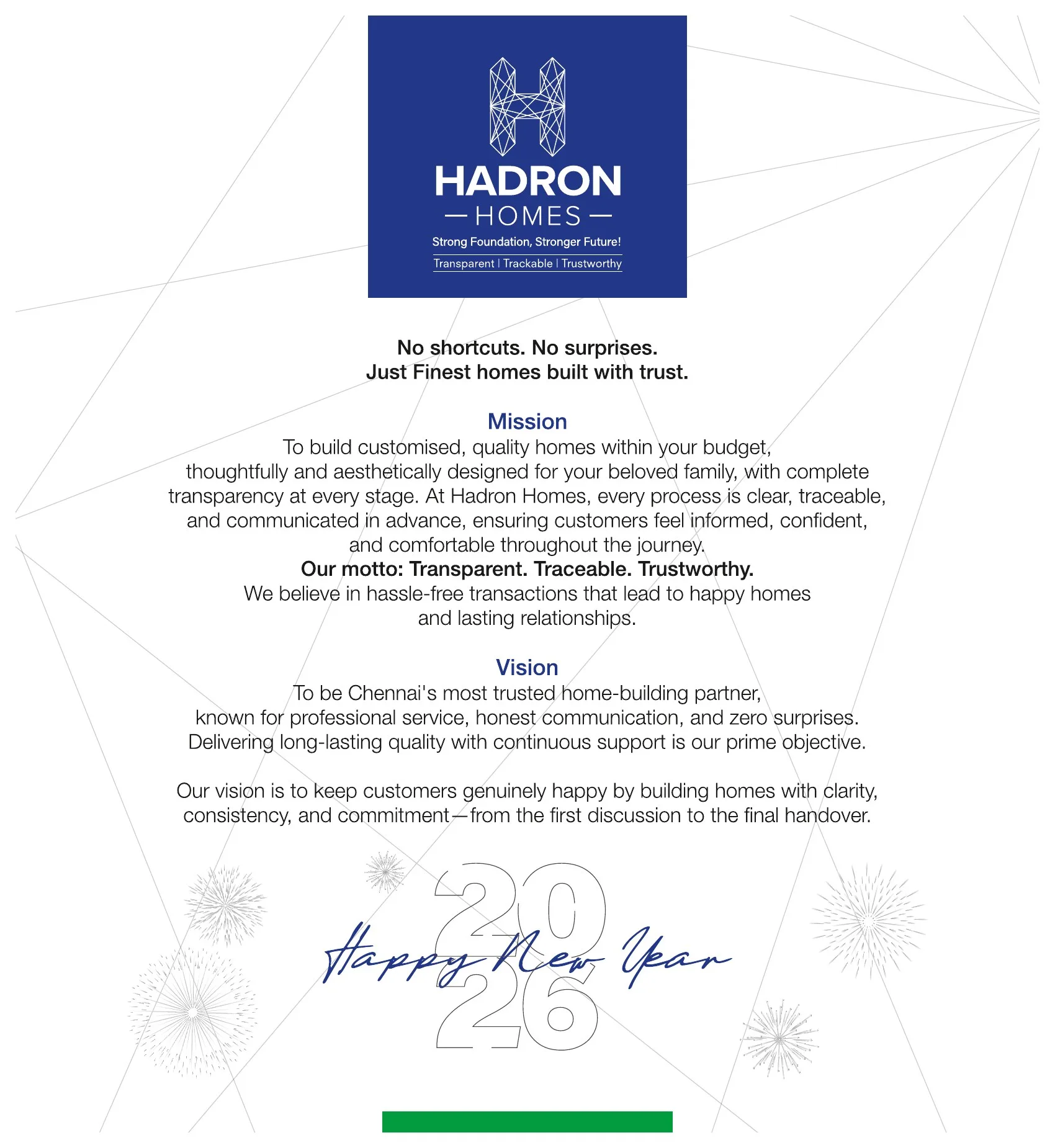 Hadron Homes 2026 calendar cover with brand mission and vision