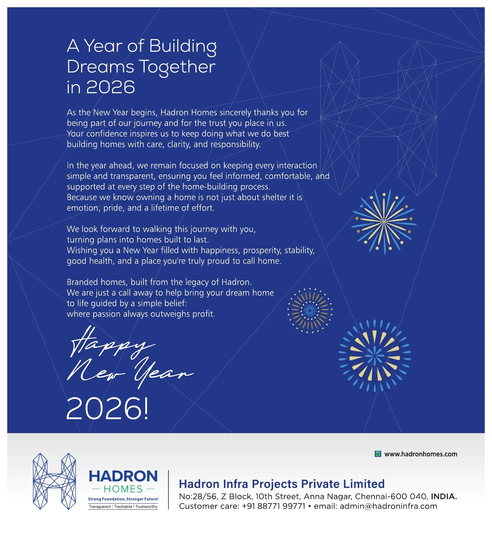 Hadron Homes calendar New Year intro page