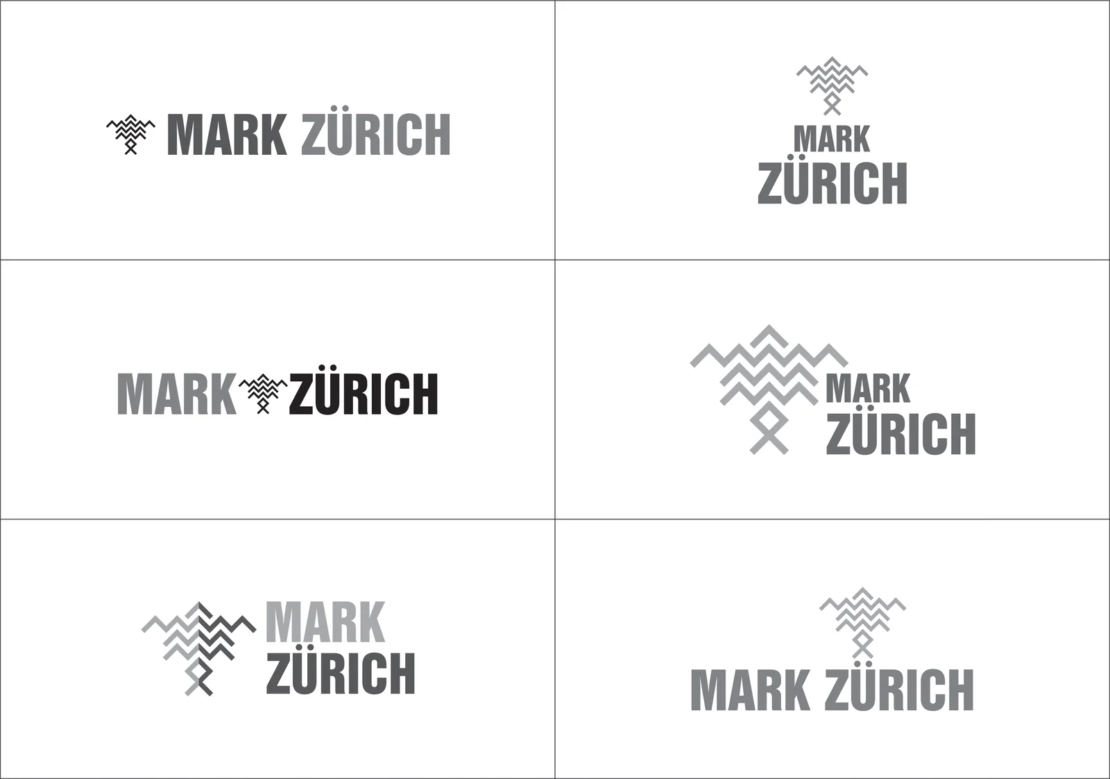 Mark Zürich logo and symbol lockup exploration grid showing six variations