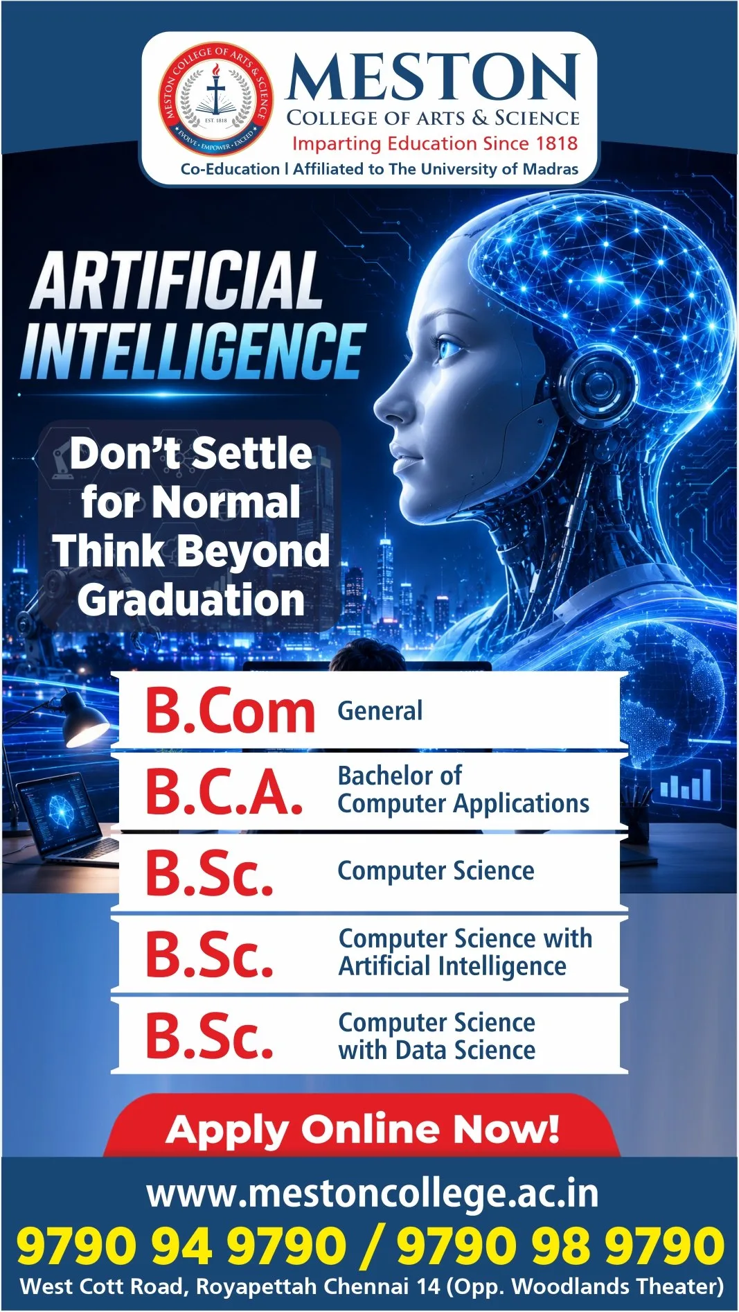 Meston College Artificial Intelligence course admissions creative