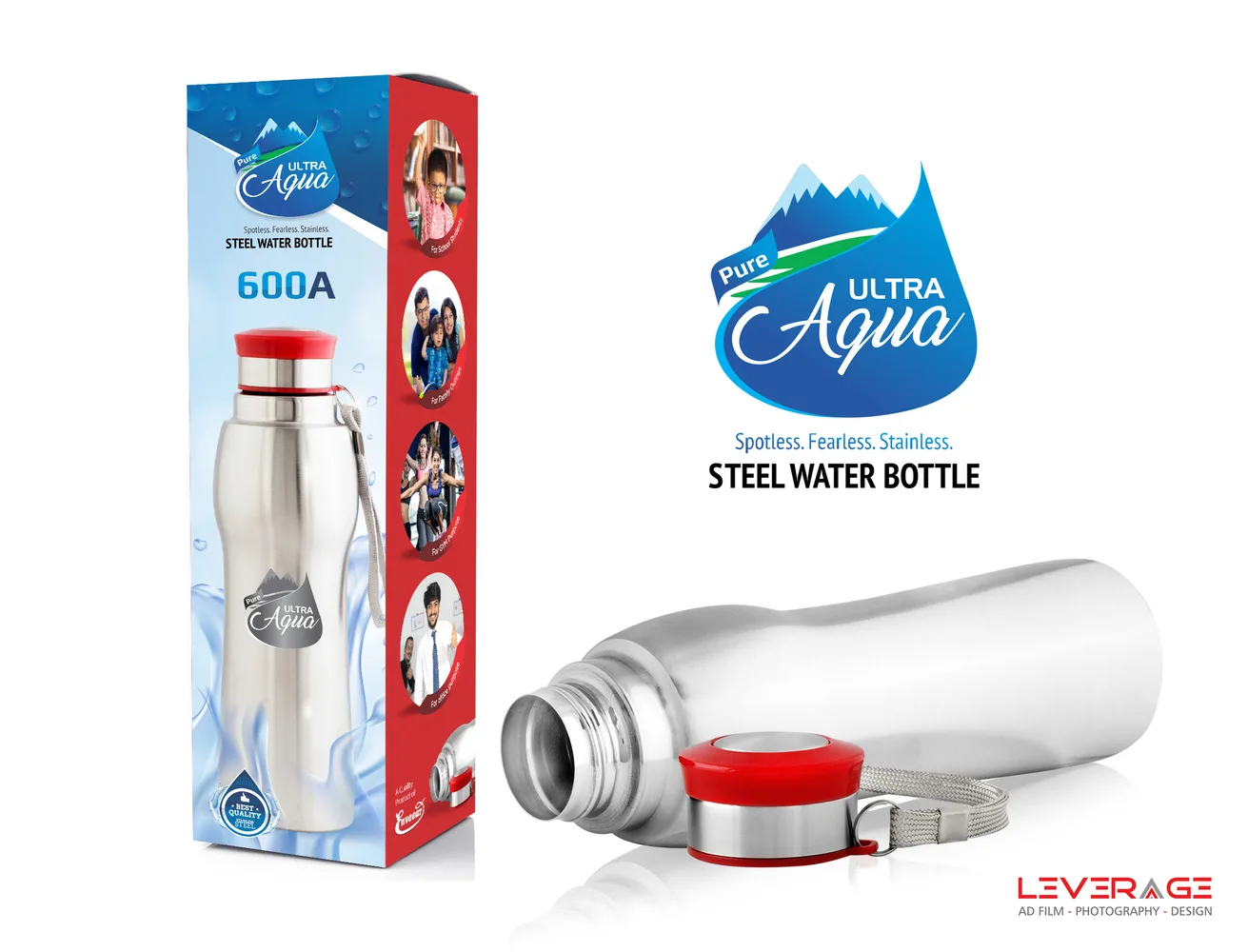 Pure Ultra Aqua steel water bottle packaging design and branding