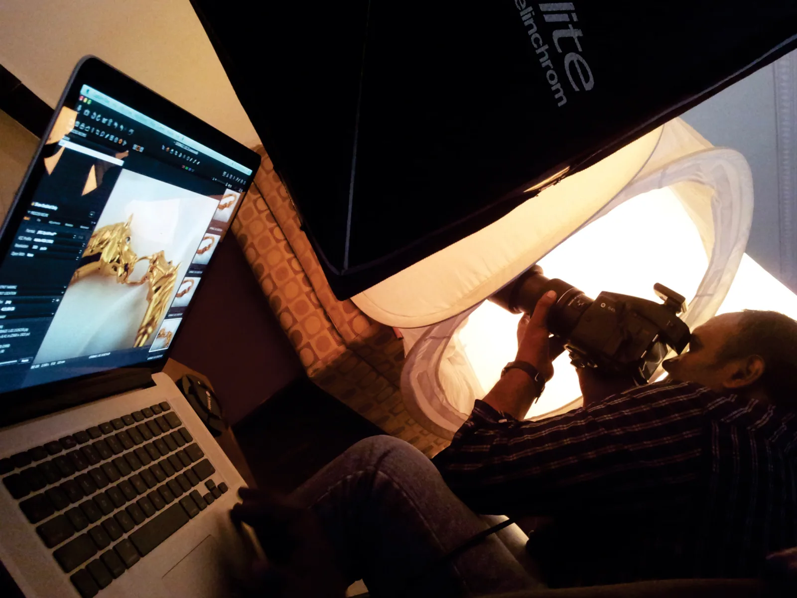 Commercial jewellery product photography setup with studio softbox lighting