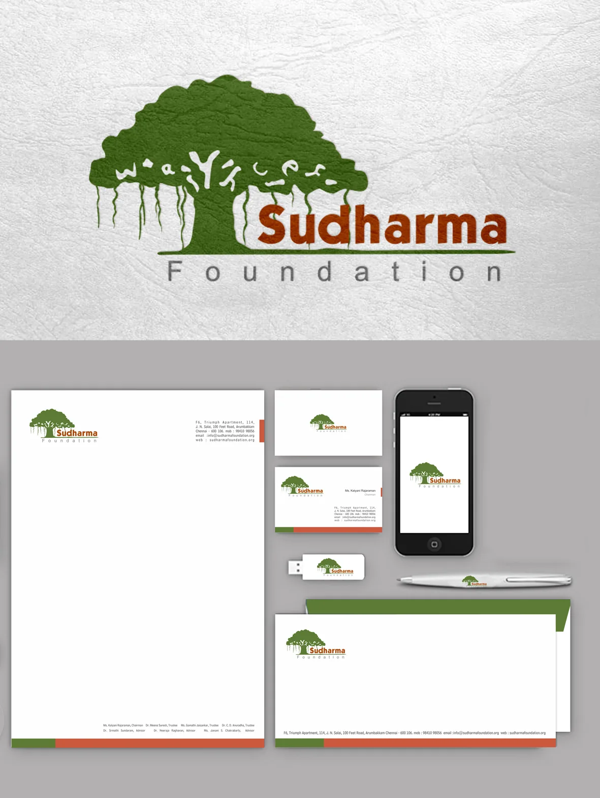Sudharma Foundation brand identity and stationery